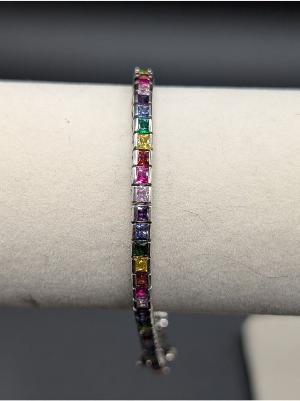 Sterling Silver Rainbow CZ Tennis Bracelet 7" Princess Cut NWOT Quiet Luxury